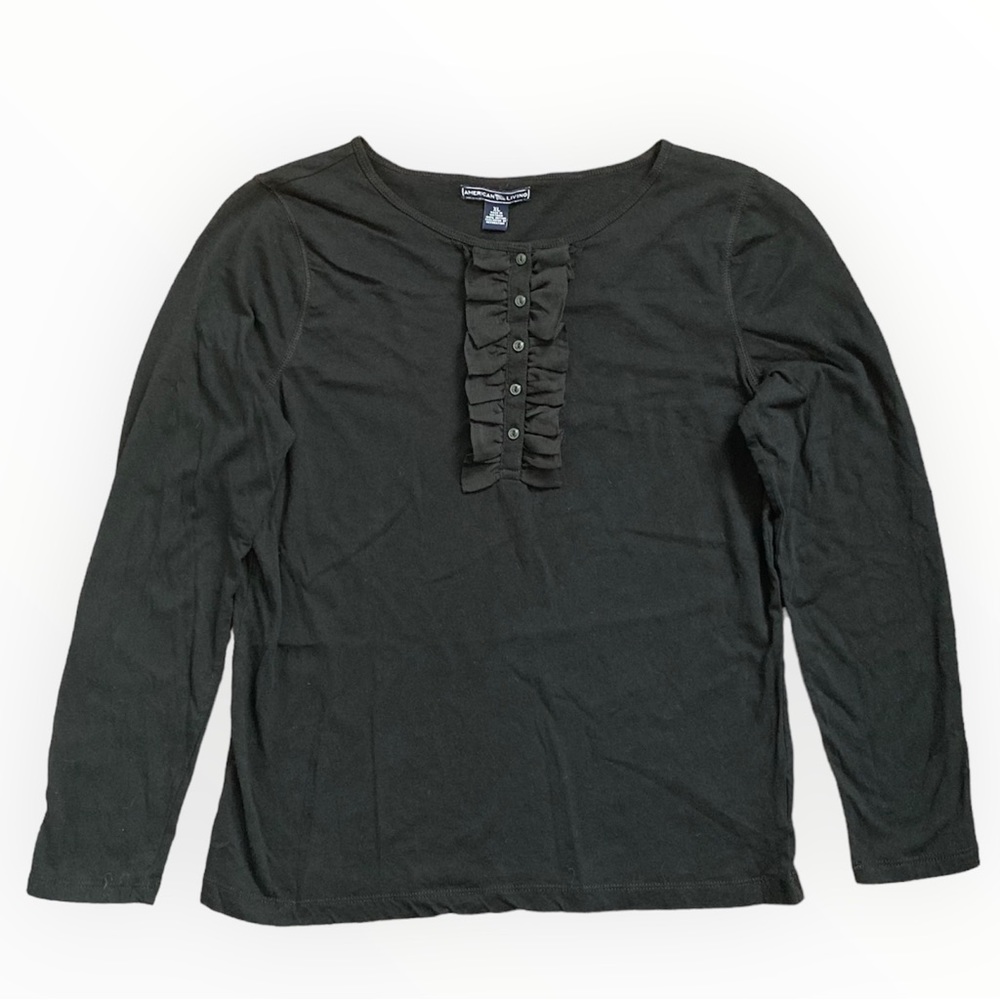 American Living Ruffle Front Long Sleeve T-Shirt Women’s XL Black